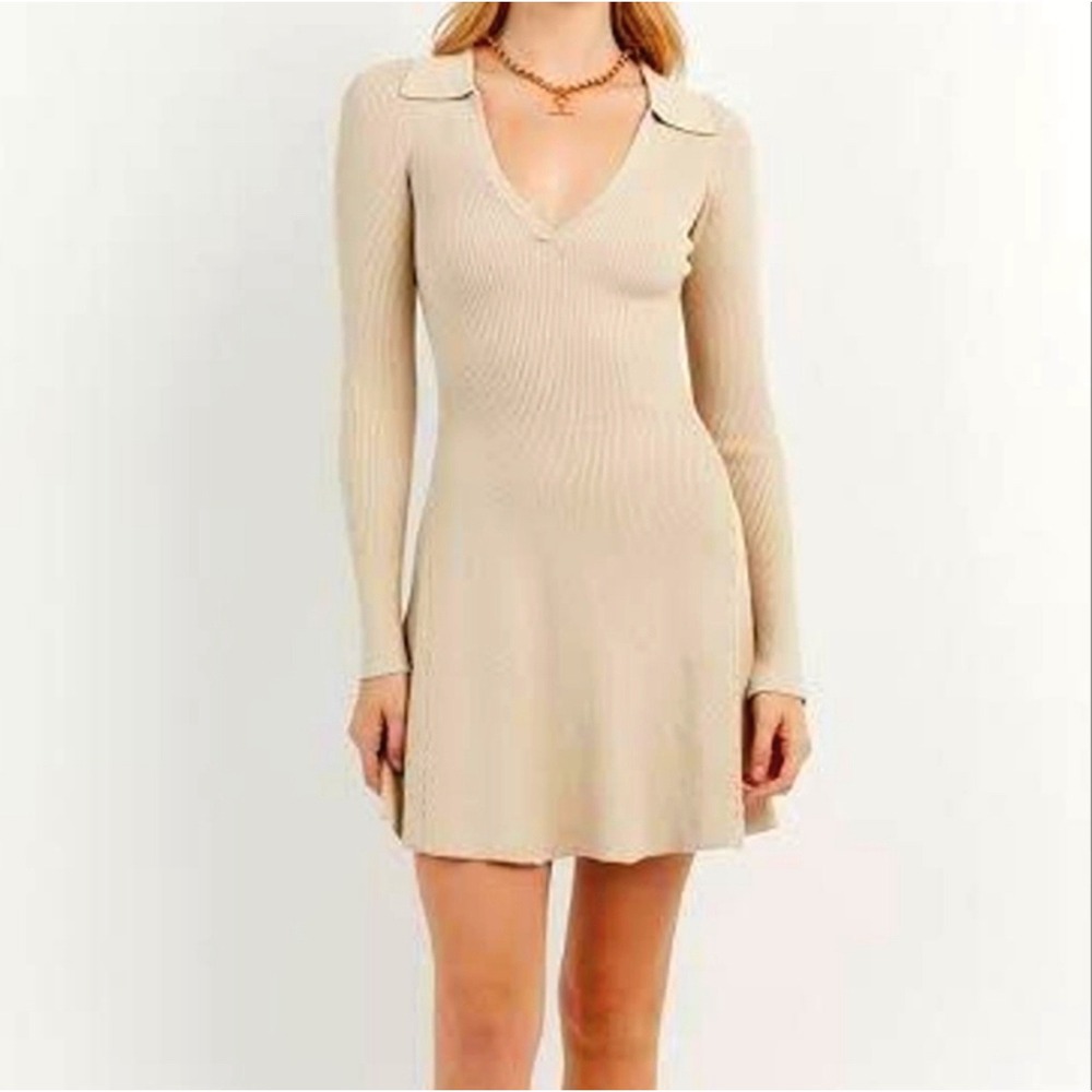 DISSH Tan Fenton Stone Sleeved Ribbed Knit Mini Sweater Dress - Medium